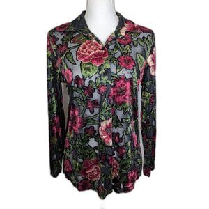 Velvet Burnout Sz M Black Long Sleeve Button Up Shirt Floral Whimsygoth Witchy